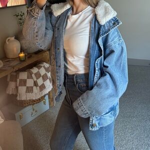 Mono B Blue Denim Jacket with White Sherpa Collar